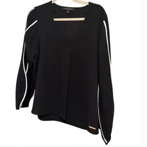 Black V-Neck Blouse with Contrast Stripe Sleeves | Size M | Polished Officecore